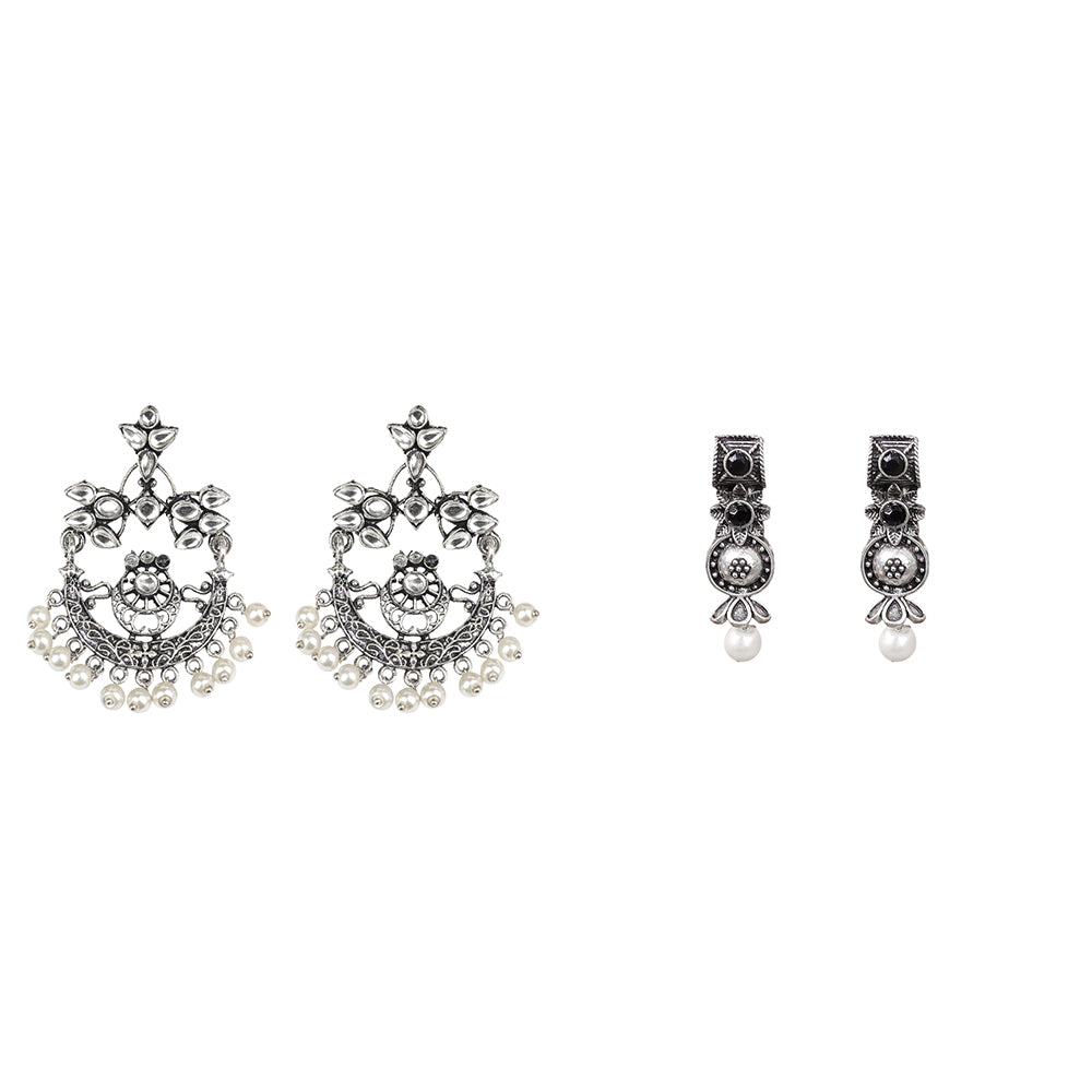 Carved Charm Dangler earrings (White) Wonderful wildflower oxidised stud earrings (Black) Combo set