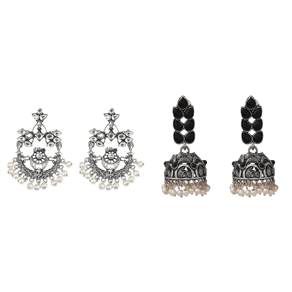 Carved Charm Dangler earrings (White) Leaf Cascade jhumki earrings (Black) Combo set