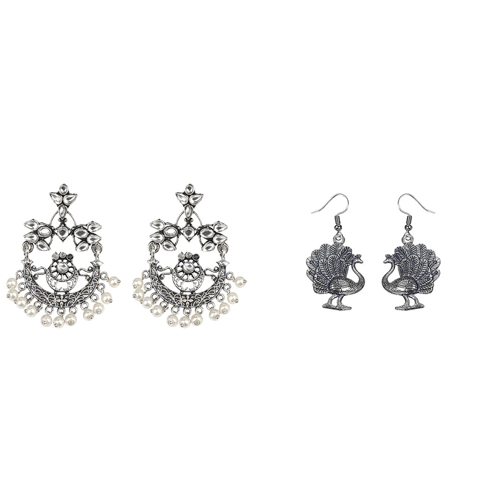 Carved Charm Dangler earrings (White) Morni jhumki dangler earrings (Silver) Combo set