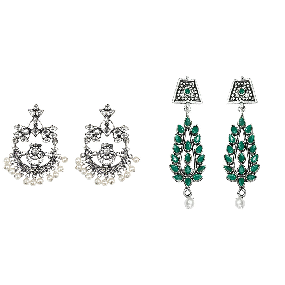 Carved Charm Dangler earrings (White) Precious Petal stone studded dangler earring (Green) Combo set