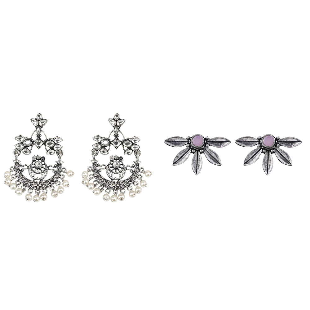 Carved Charm Dangler earrings (White) Crescent Bloom Oxidised Studs - Baby Pink Combo set