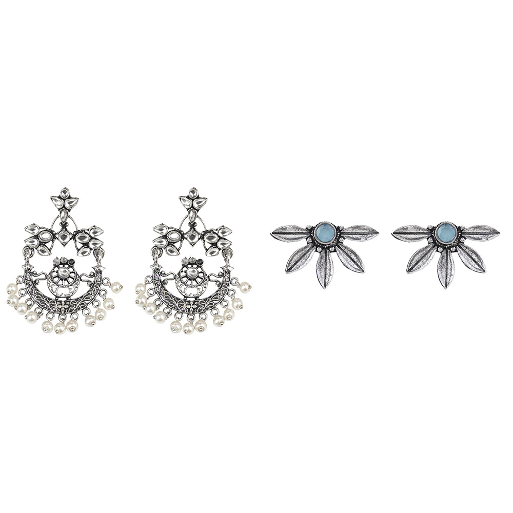 Carved Charm Dangler earrings (White) Crescent Bloom Oxidised Studs - Mint Combo set