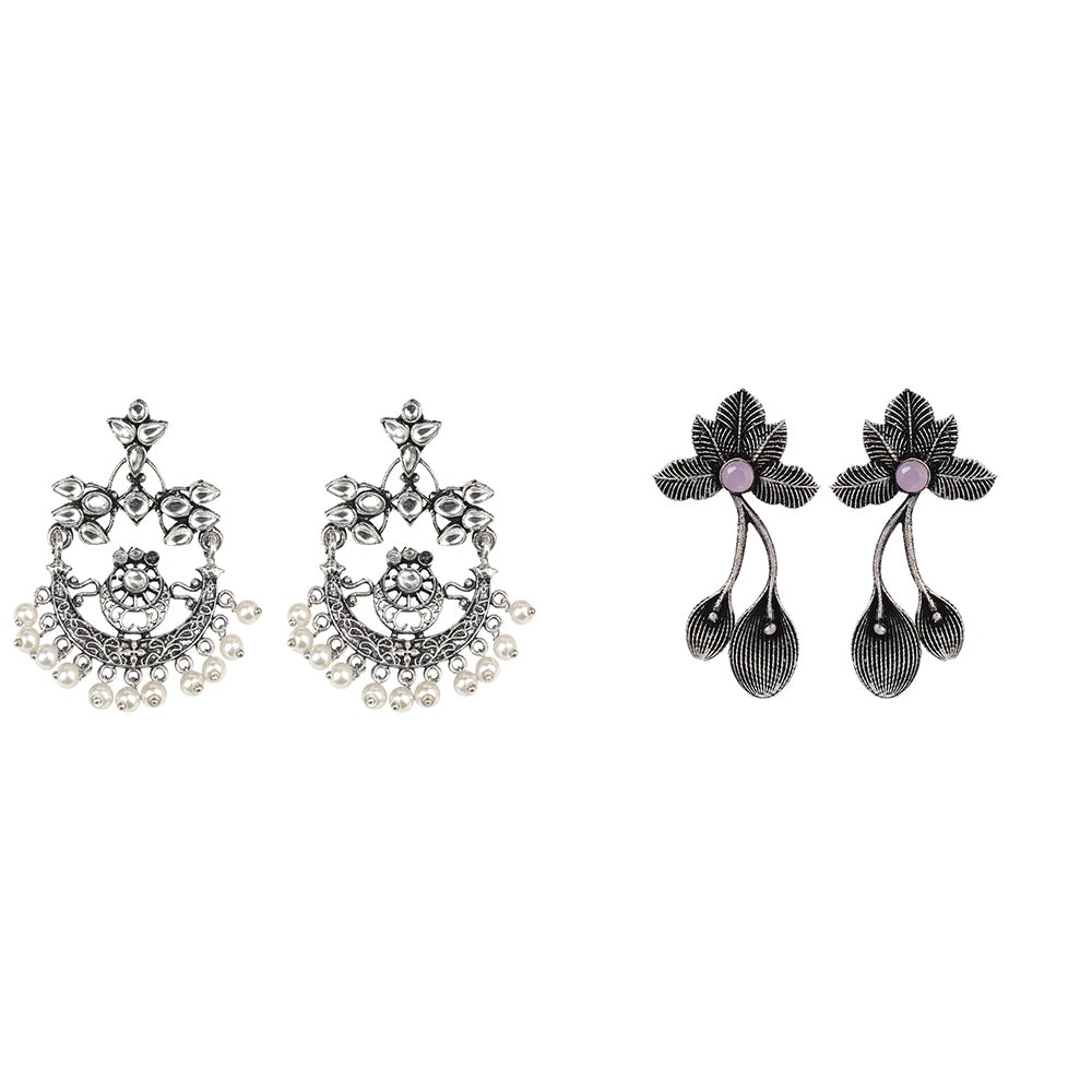 Carved Charm Dangler earrings (White) Bud Flower oxidized stud earrings (Baby Pink) Combo set