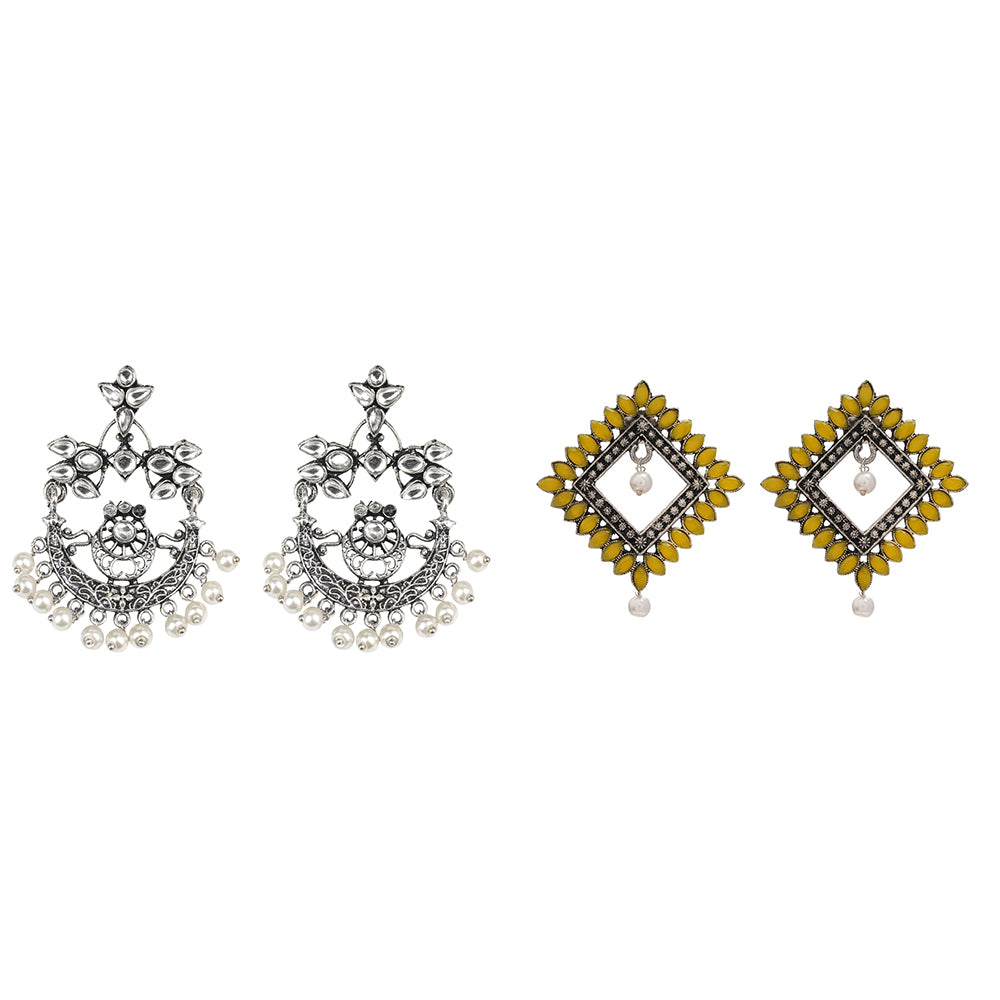 Carved Charm Dangler earrings (White) Sass Stone stud earrings (Yellow) Combo set