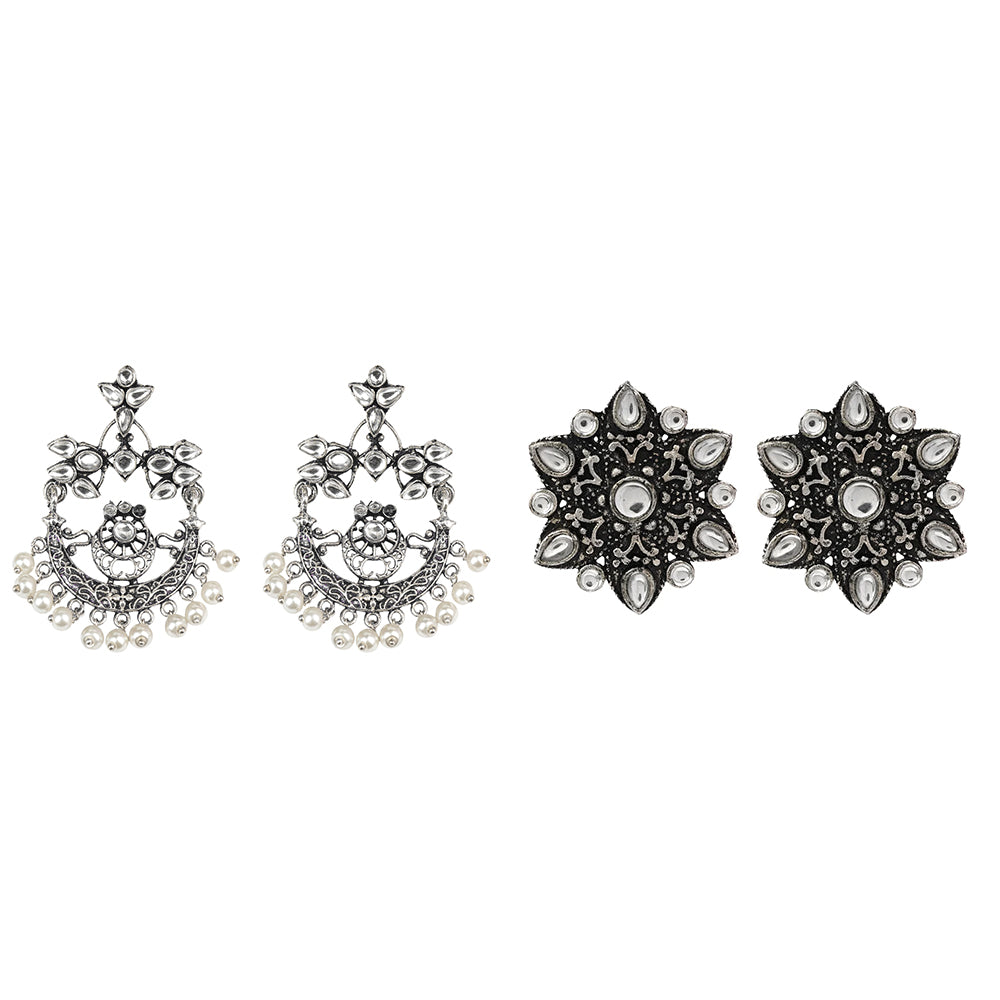 Carved Charm Dangler earrings (White) flower-alpana stud earrings (White) Combo set