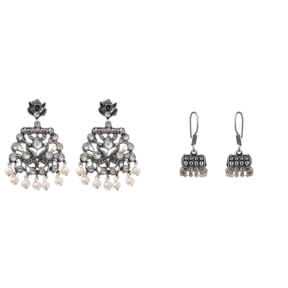 Peacock glow stone studded dangler earrings (White) Tiny Twinkle jhumki earring (Silver) Combo set