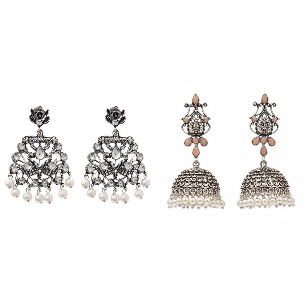 Peacock glow stone studded dangler earrings (White) Kalash Kamal earring (Light Orange) Combo set