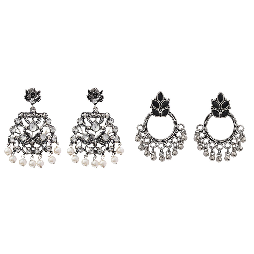 Peacock glow stone studded dangler earrings (White) Fine Shine stud earrings (Black) Combo set