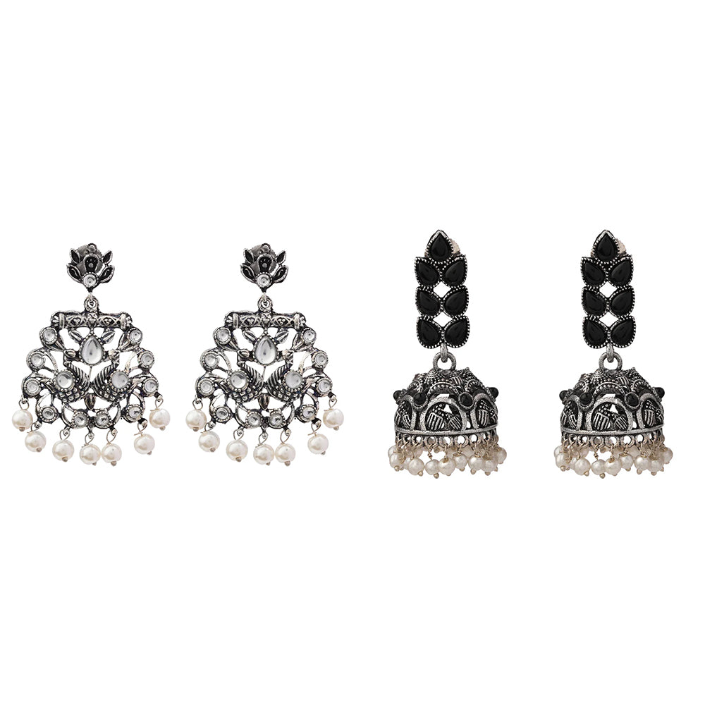 Peacock glow stone studded dangler earrings (White) Leaf Cascade jhumki earrings (Black) Combo set