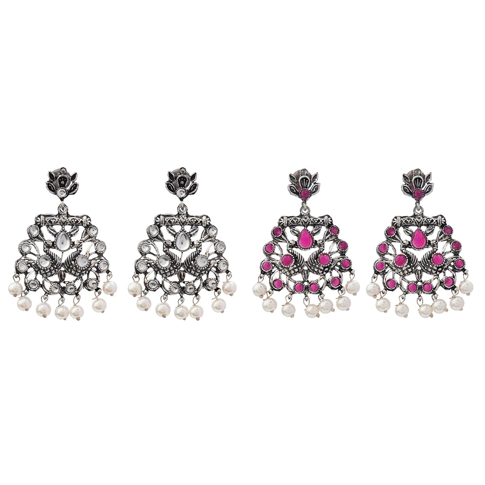 Peacock glow stone studded dangler earrings (White) Peacock glow stone studded dangler earrings (Red) Combo set