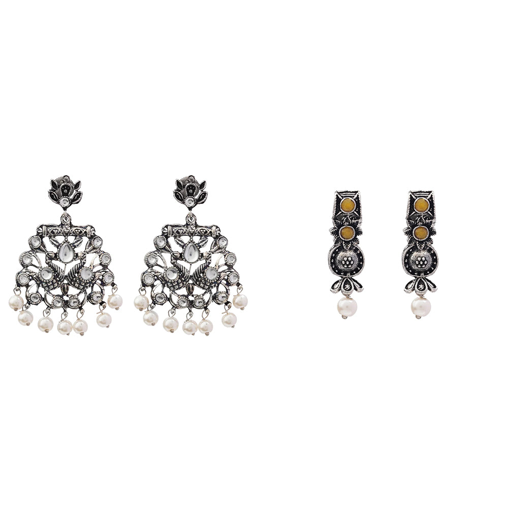 Peacock glow stone studded dangler earrings (White) Wonderful wildflower oxidised stud earrings (Yellow) Combo set