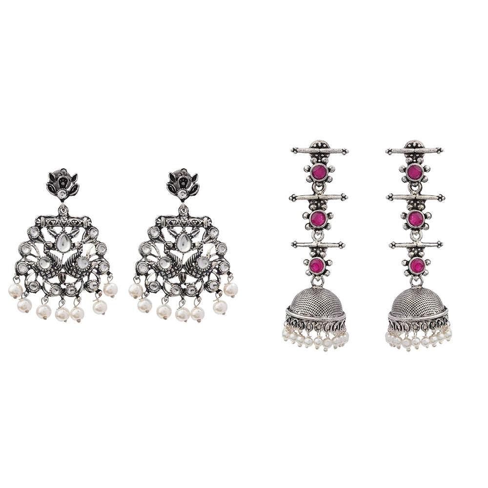 Peacock glow stone studded dangler earrings (White) Royal Triple Bell Layered Jhumka Earring (Red) Combo set