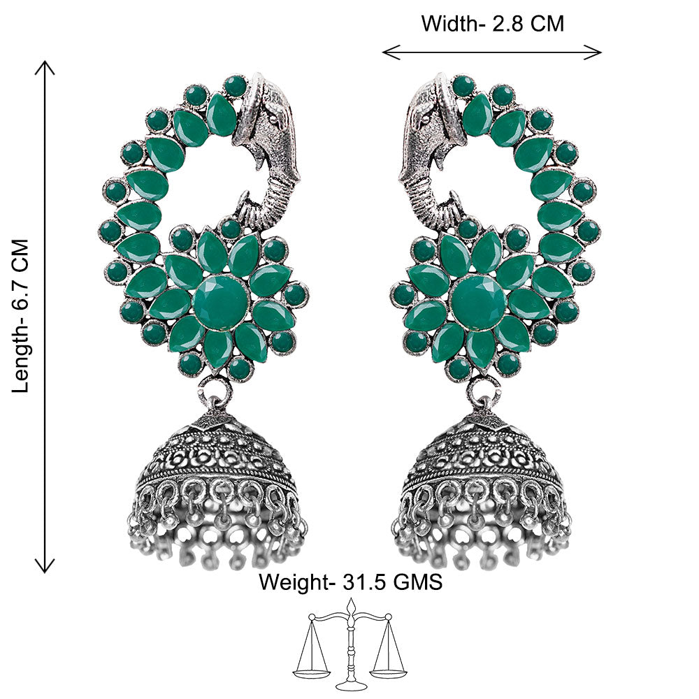 Tusks and twinkle stone studded jhumka earrings (Green)