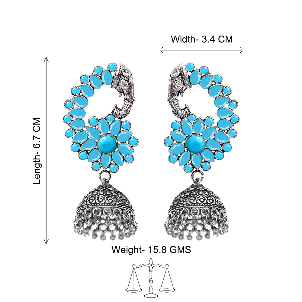 Tusks and twinkle stone studded jhumka earrings (Sky Blue)