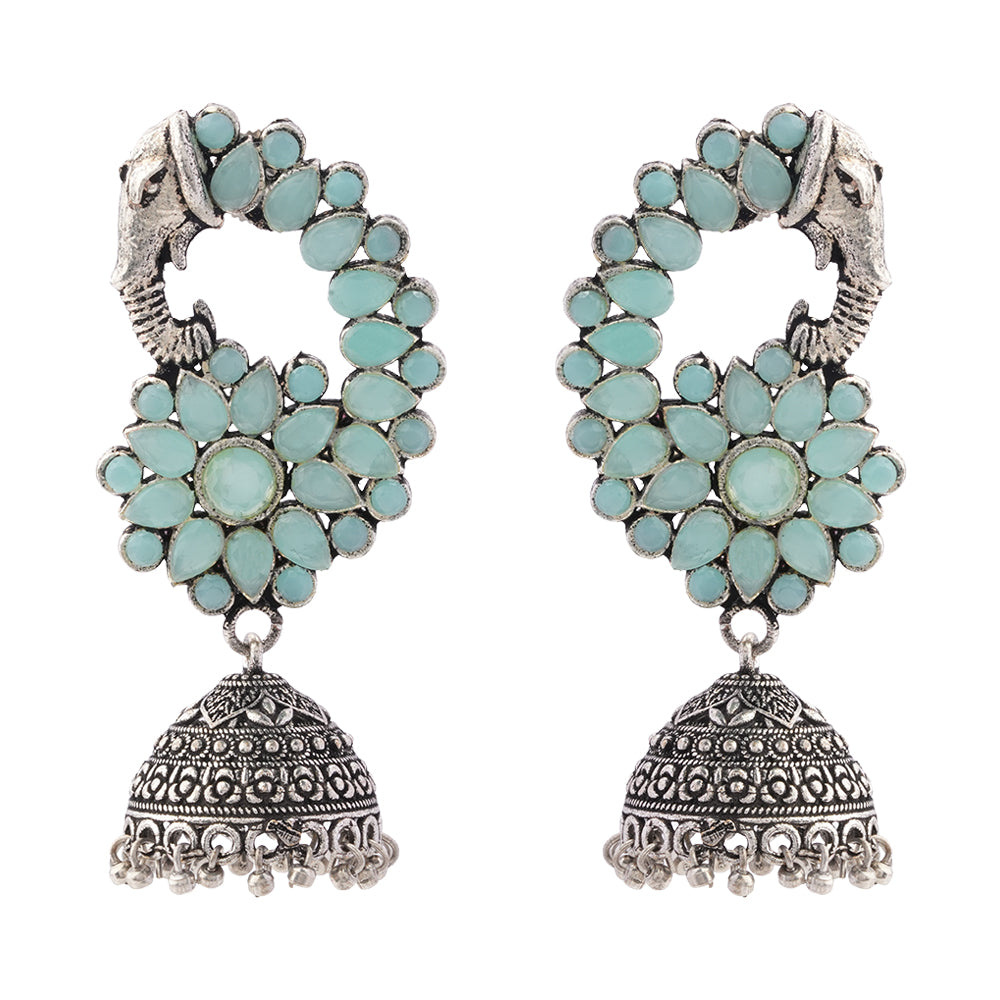 Tusks and twinkle stone studded jhumka earrings (Mint)