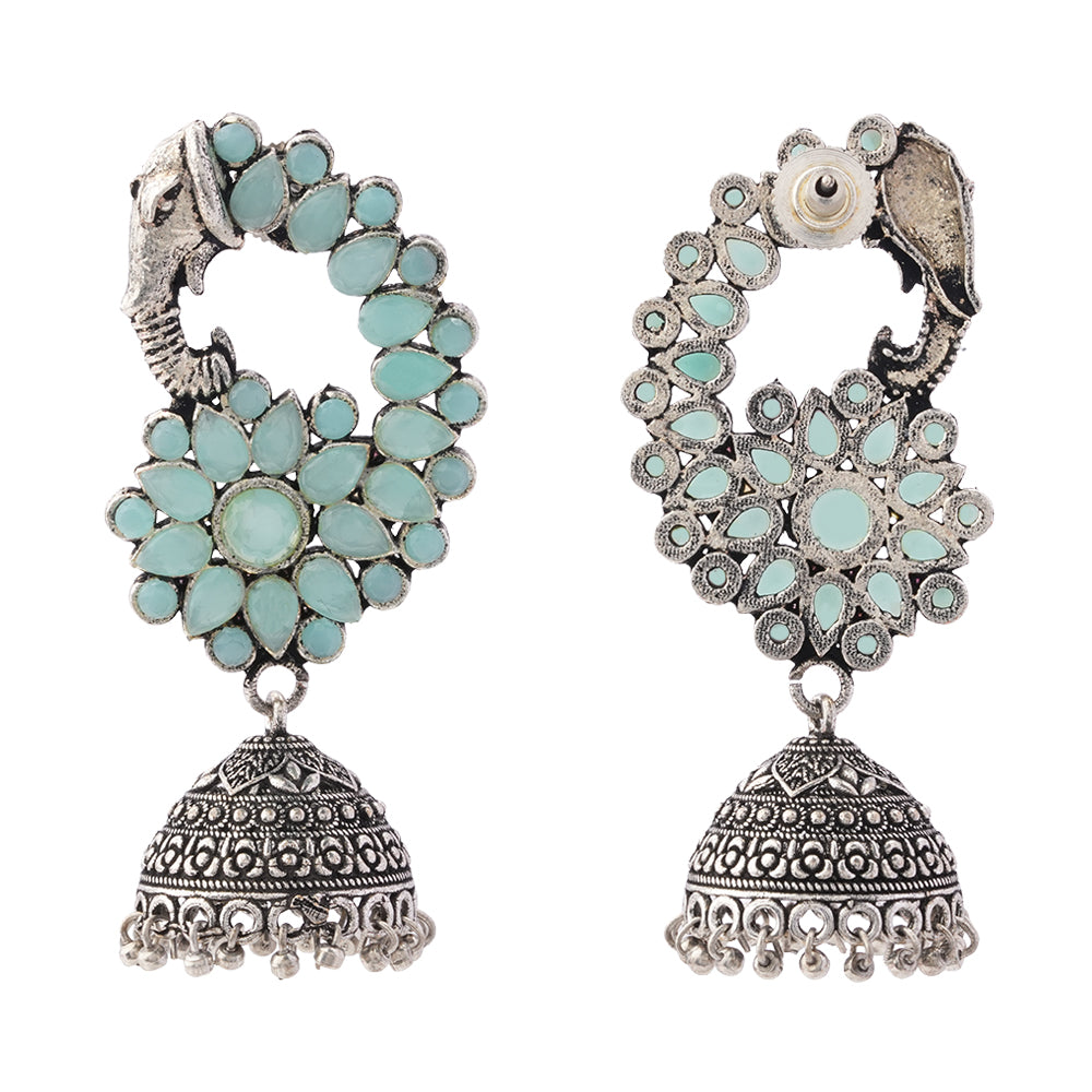 Tusks and twinkle stone studded jhumka earrings (Mint)