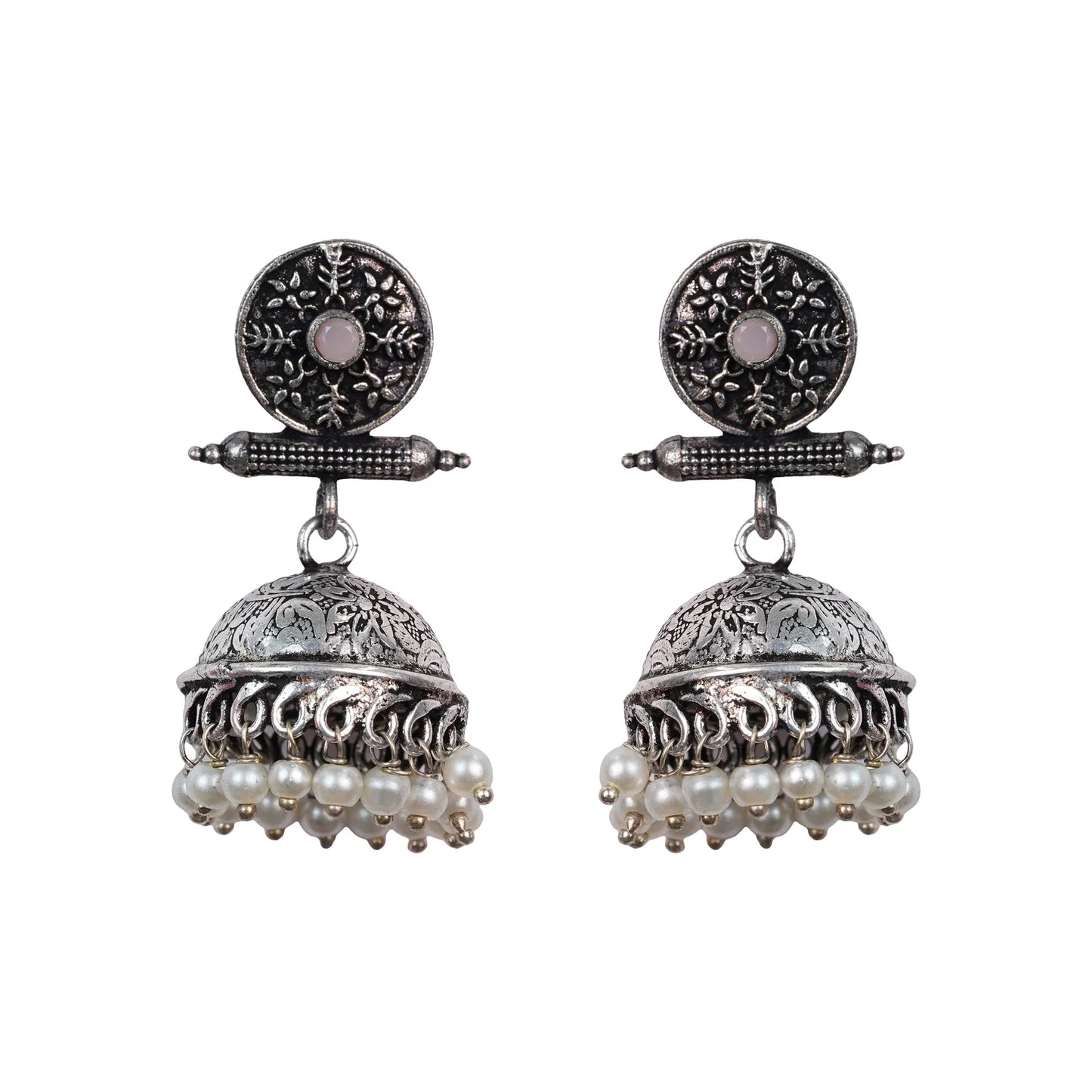 Charmbell earrings (Light Orange) Meena Manjari stone stud earrings (Silver) Combo set