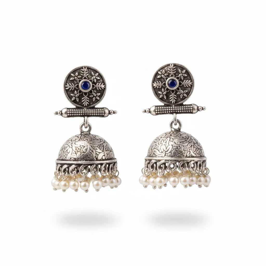 Charmbell earrings (Blue) Meena Manjari stone stud earrings (Silver) Combo set