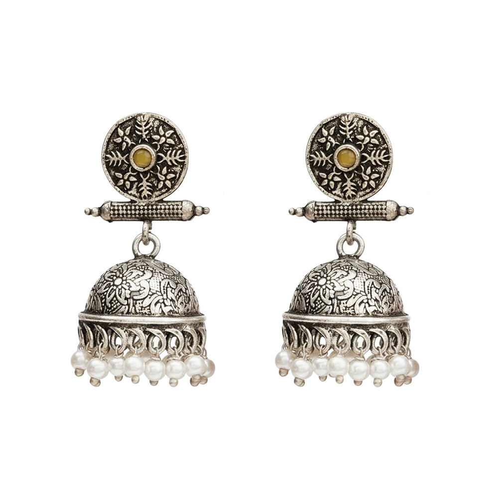 Charmbell earrings (Yellow) Meena Manjari stone stud earrings (Silver) Combo set