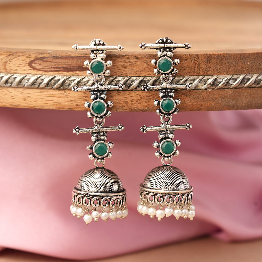 Royal Triple Bell Layered Jhumka Earring (Green)