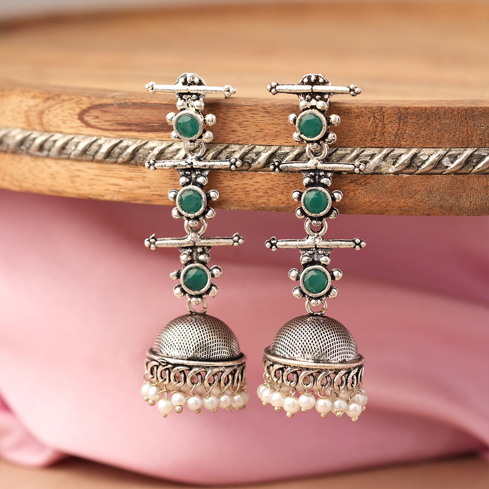 Royal Triple Bell Layered Jhumka Earring (Green)