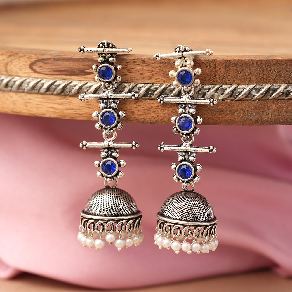 Royal Triple Bell Layered Jhumka Earring (Blue)