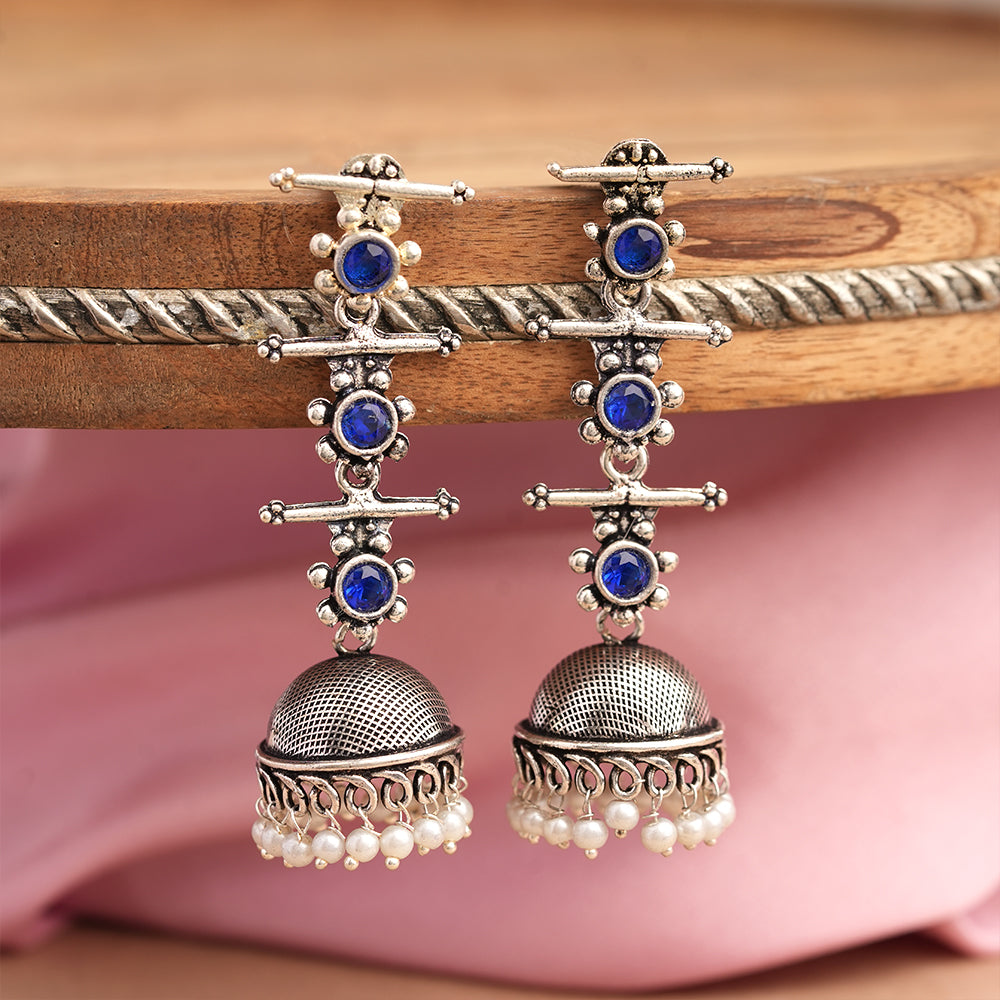 Royal Triple Bell Layered Jhumka Earring (Blue)