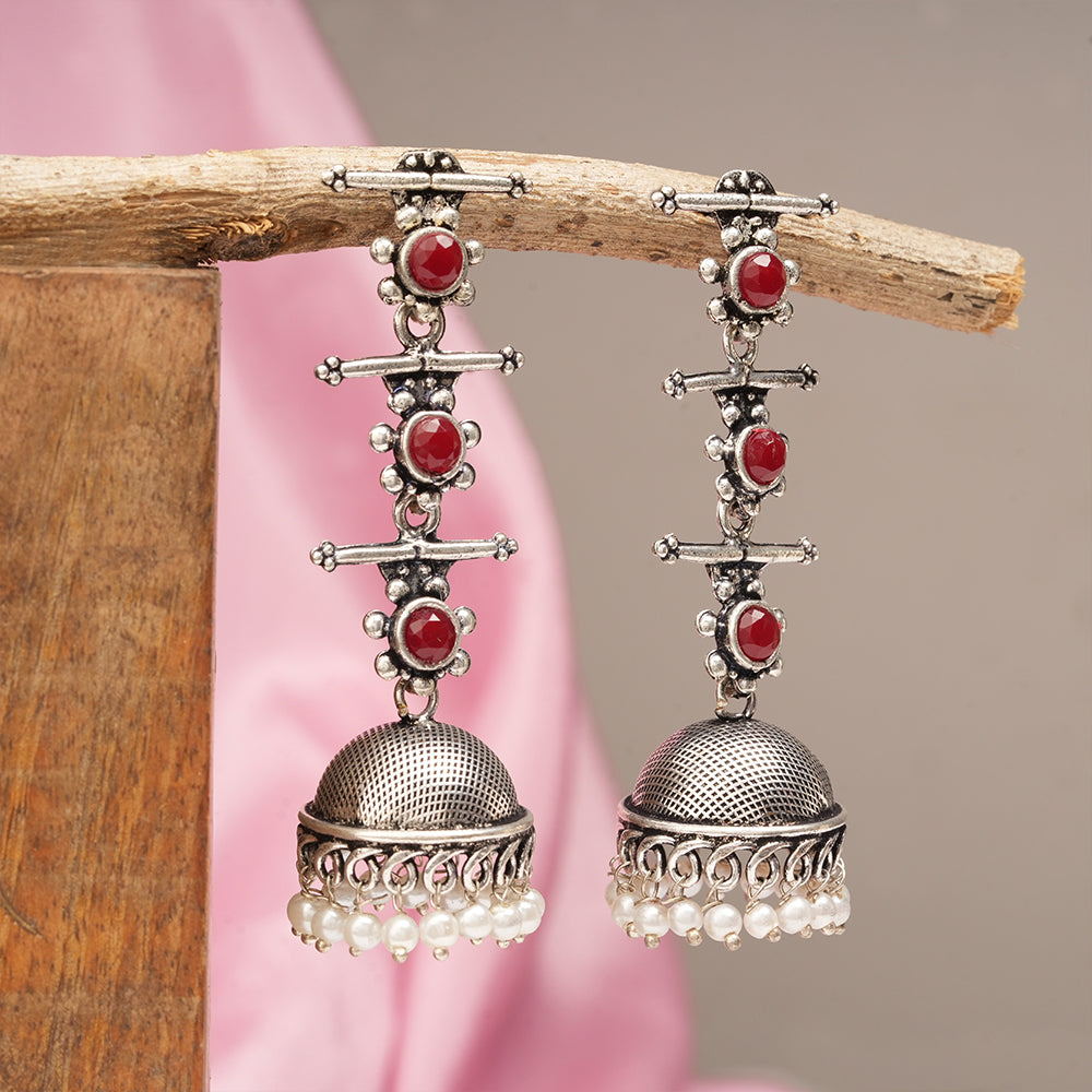 Royal Triple Bell Layered Jhumka Earring (Dark Maroon)