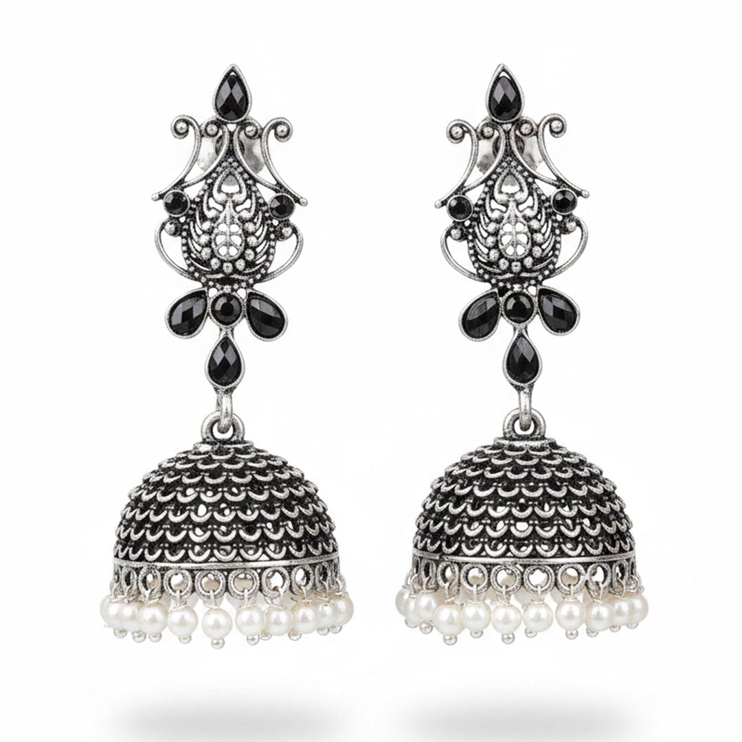 Peacock glow stone studded dangler earrings (White) Kalash Kamal earring (Black) Combo set