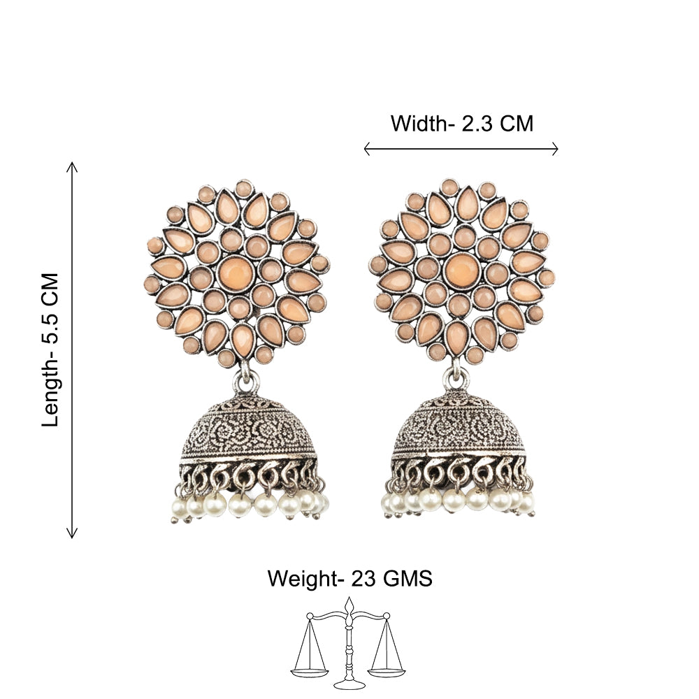 Floral carves stone studded jhumki earrings (Light Orange)