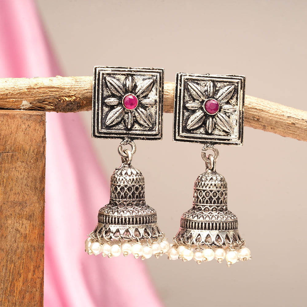 Petal Frame hanging Jhumki Earrings (Red)