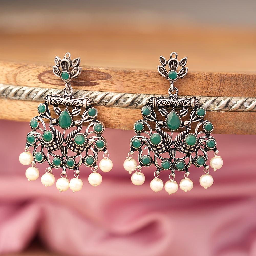 Peacock glow stone studded dangler earrings (Green)