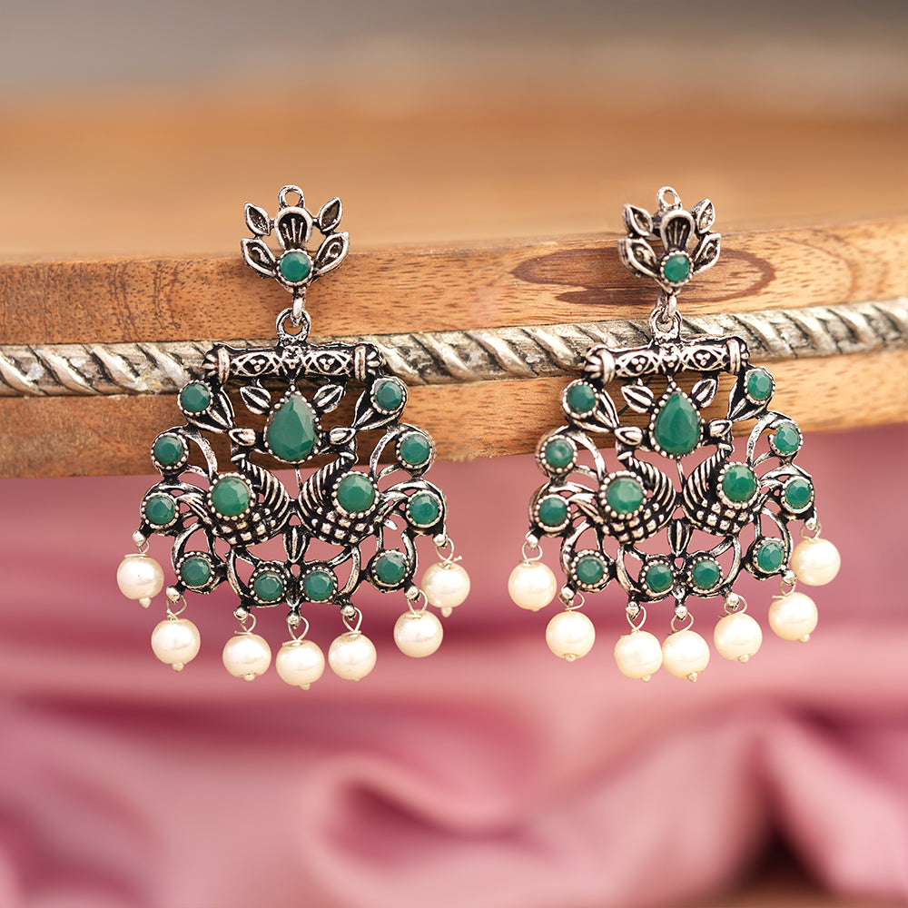 Peacock glow stone studded dangler earrings (Green)