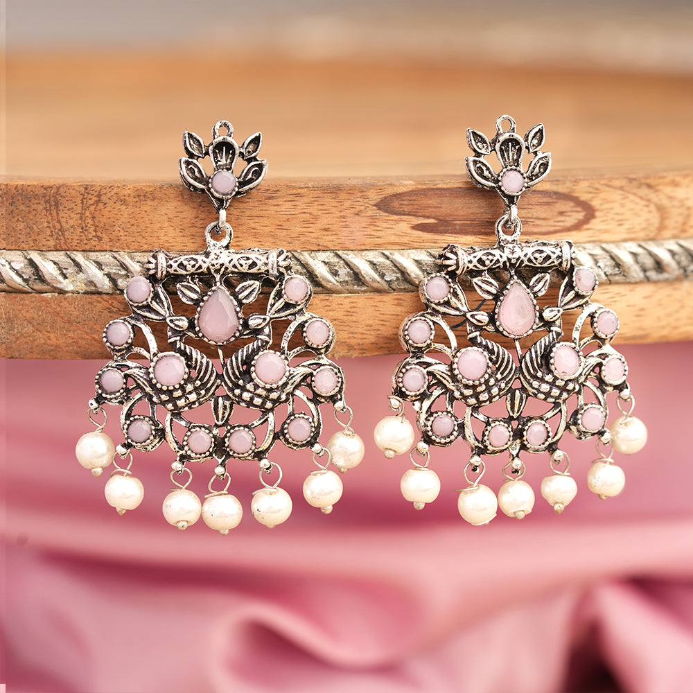 Peacock glow stone studded dangler earrings (Baby Pink)