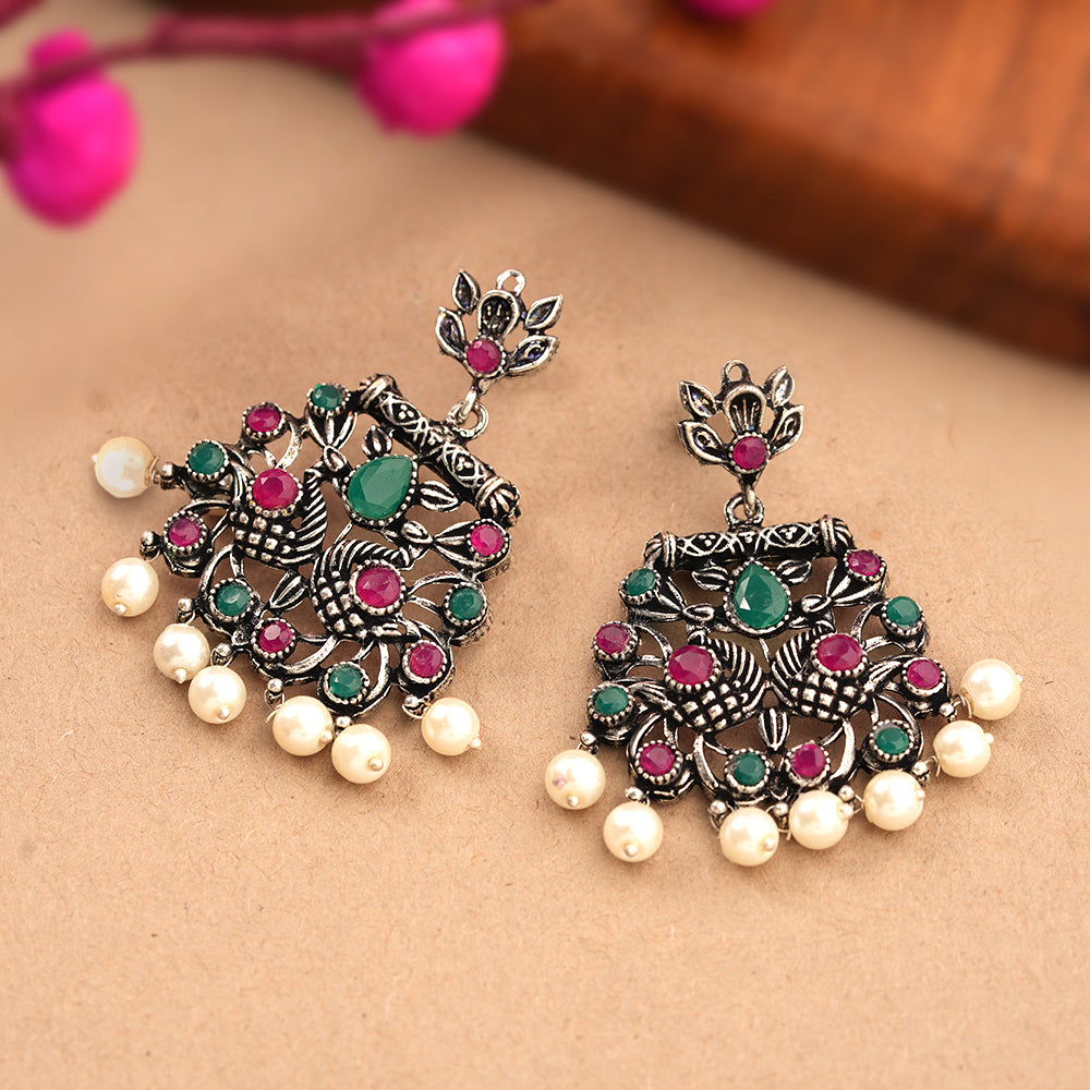 Peacock glow stone studded dangler earrings (Multicolored)