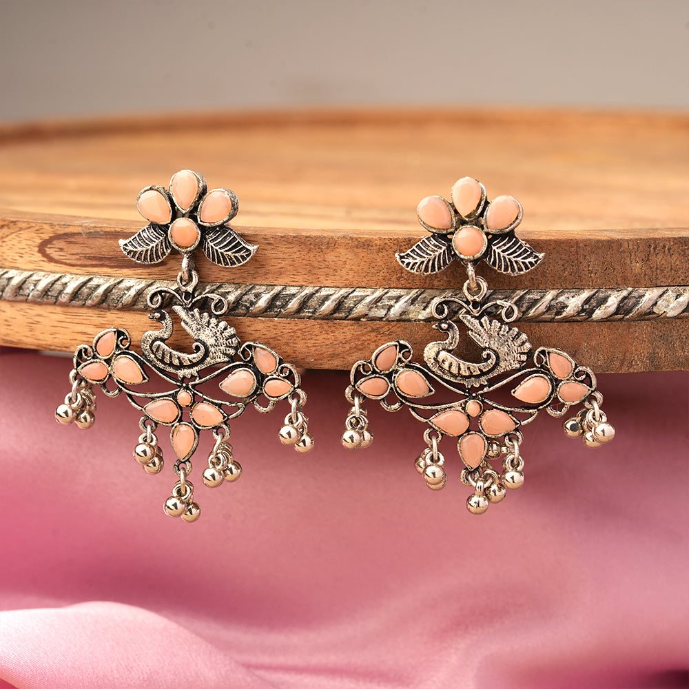 Pretty Peacock stone studded jhumka earring (Light Orange)
