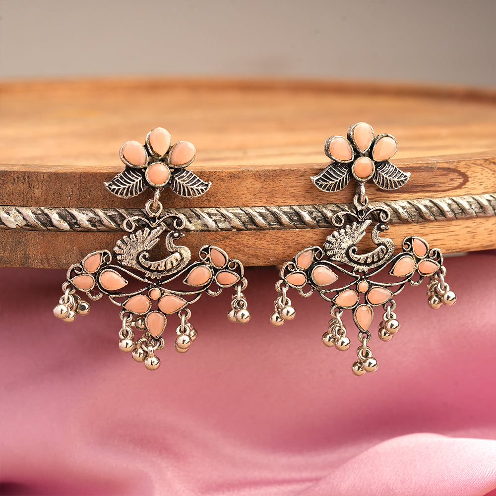 Pretty Peacock stone studded jhumka earring (Light Orange)