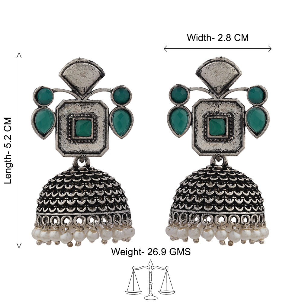 Green Stone Studded Statement Earrings With Hanging Jhumka Embellished With Baby Pearls