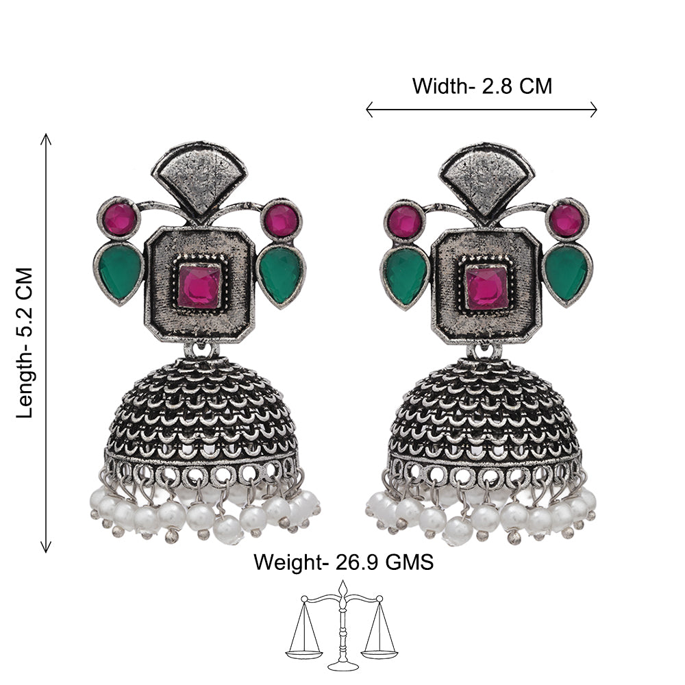 Multicolored Stone Studded Statement Earrings With Hanging Jhumka Embellished With Baby Pearls