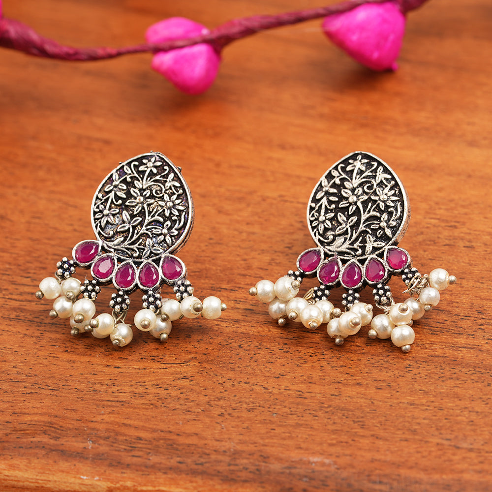 Zari carving drop stud earring (Red)