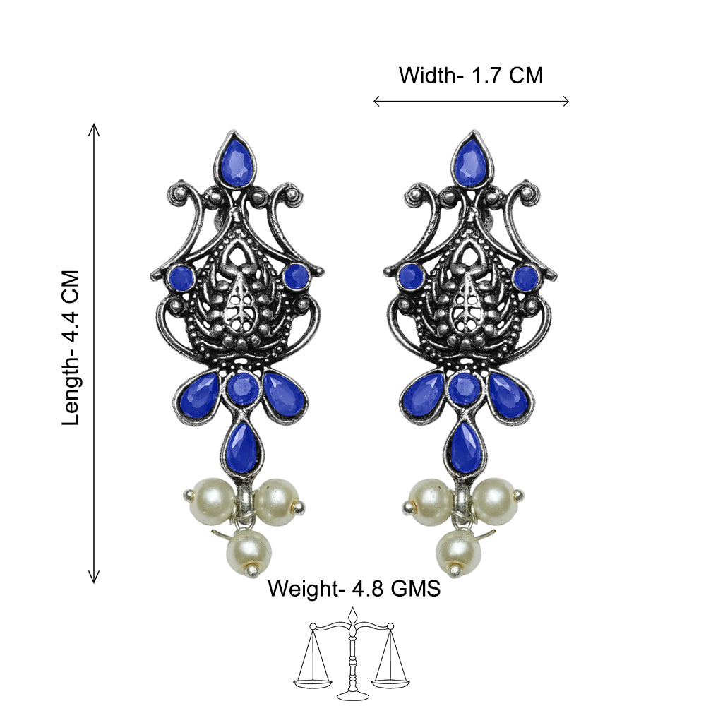 Flower motif hanging pearls dangler earring (Blue)