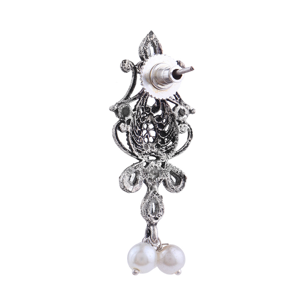 Flower motif hanging pearls dangler earring (White)