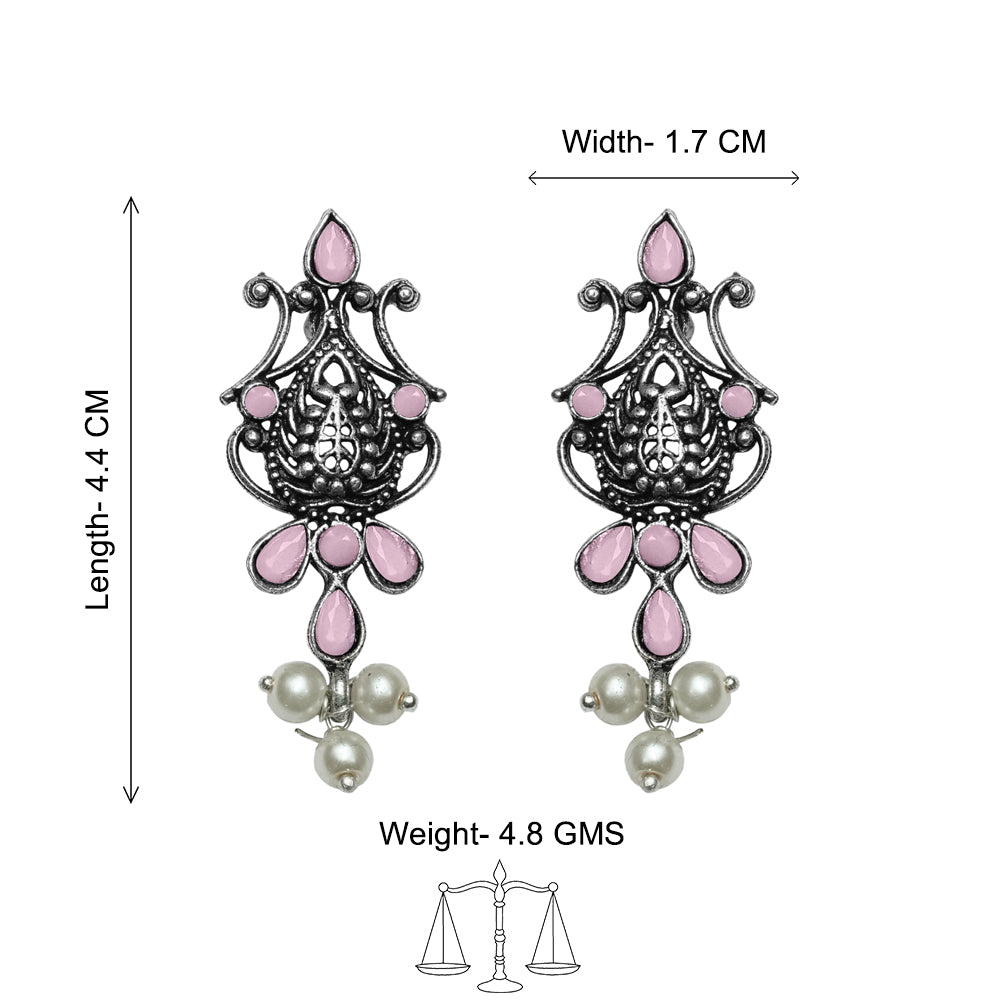 Flower motif hanging pearls dangler earring (Baby Pink)