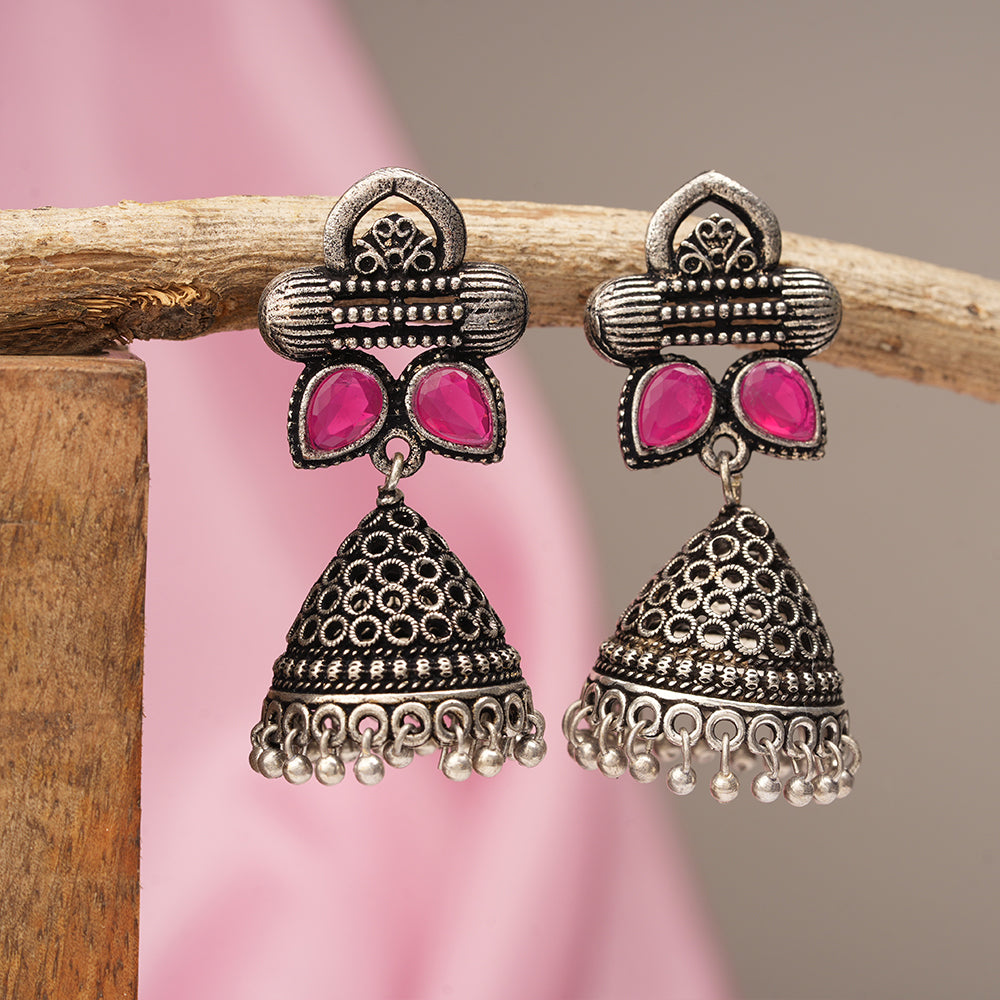 Stunning stone studded jhumki earrings (Red)