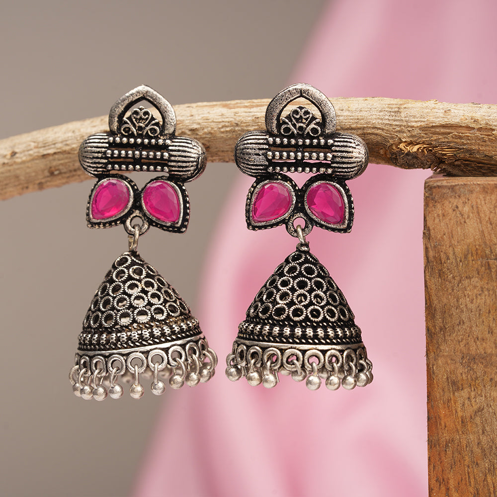 Stunning stone studded jhumki earrings (Red)