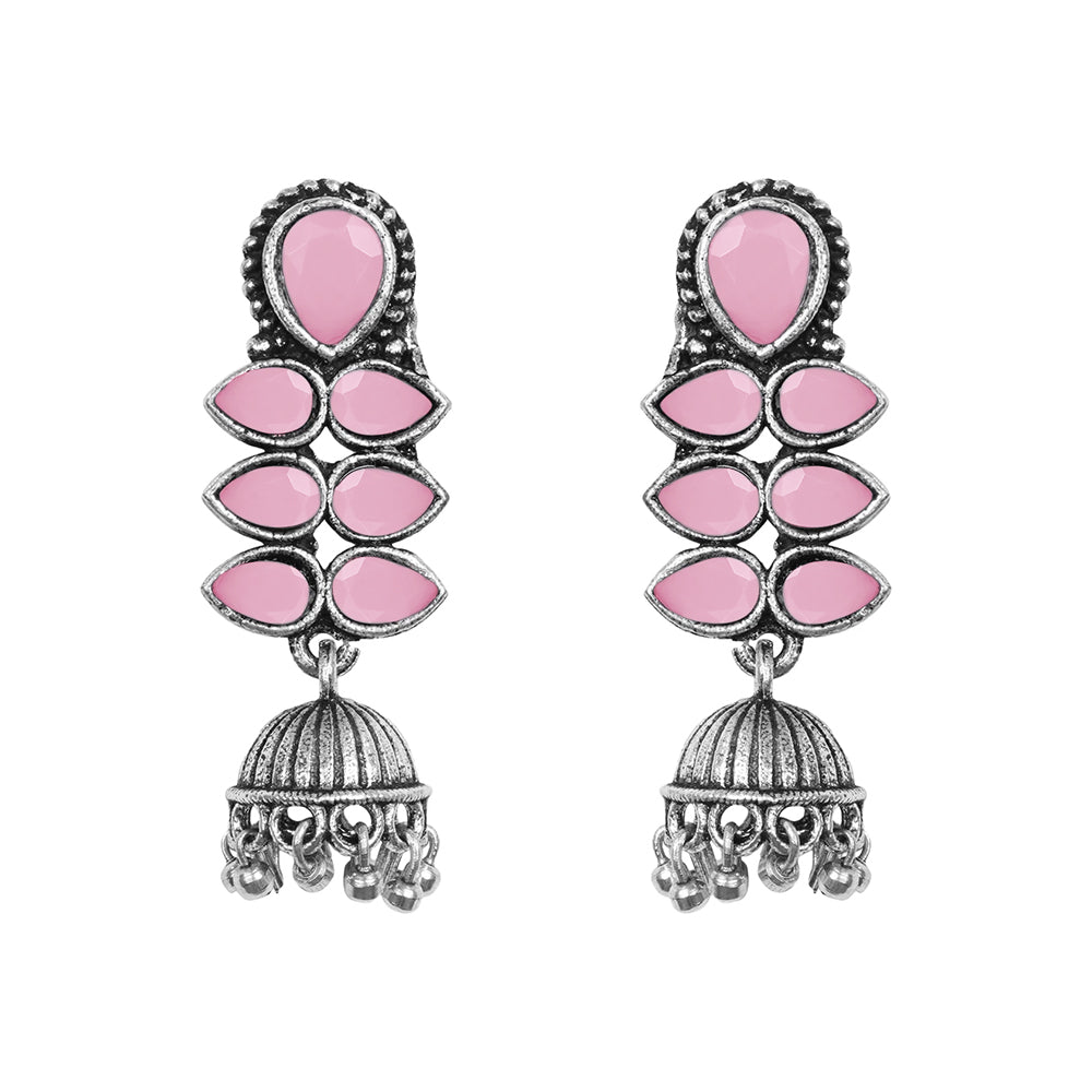 Peacock glow stone studded dangler earrings (Blue) Dazzle Dash Jhumki earring (Baby Pink) Combo set