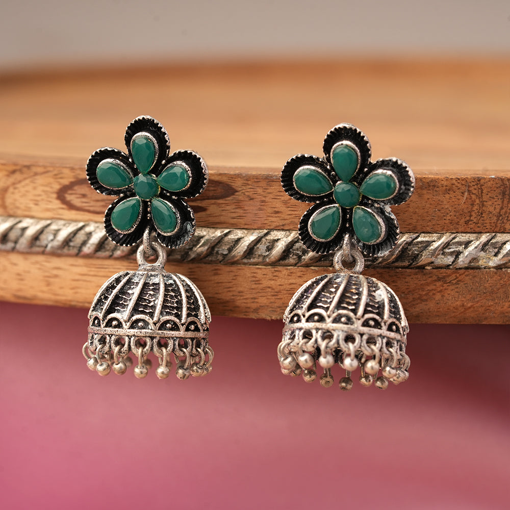 Periwinkle stone studded jhumki earrings (Green)