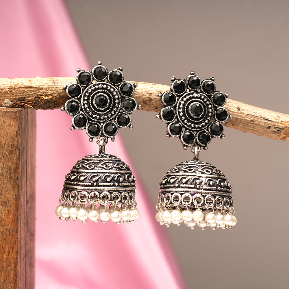 Phoolon ki baali pearl jhumki earrings (Black)