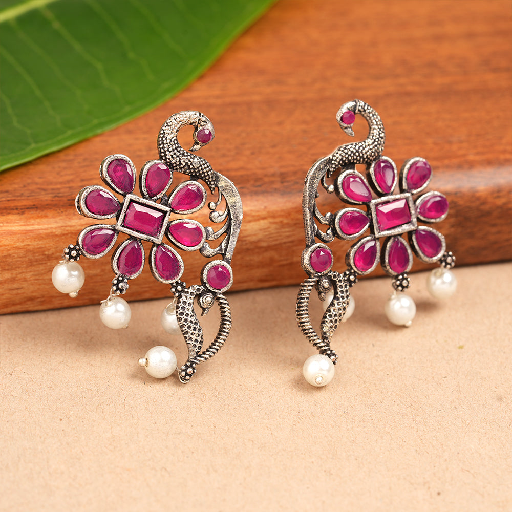 Peacock flower pearl stud earrings (Red)
