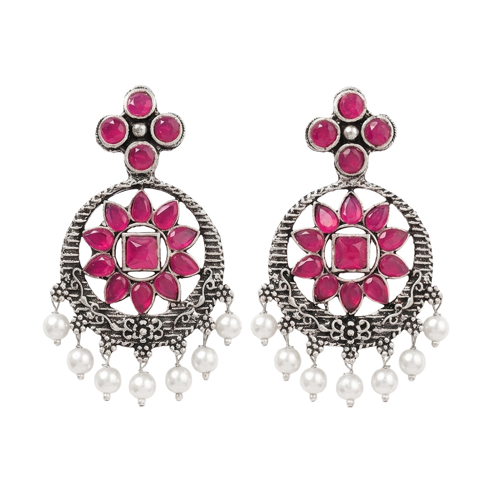 Flower Rangoli Pearl dangler earrings (Red)